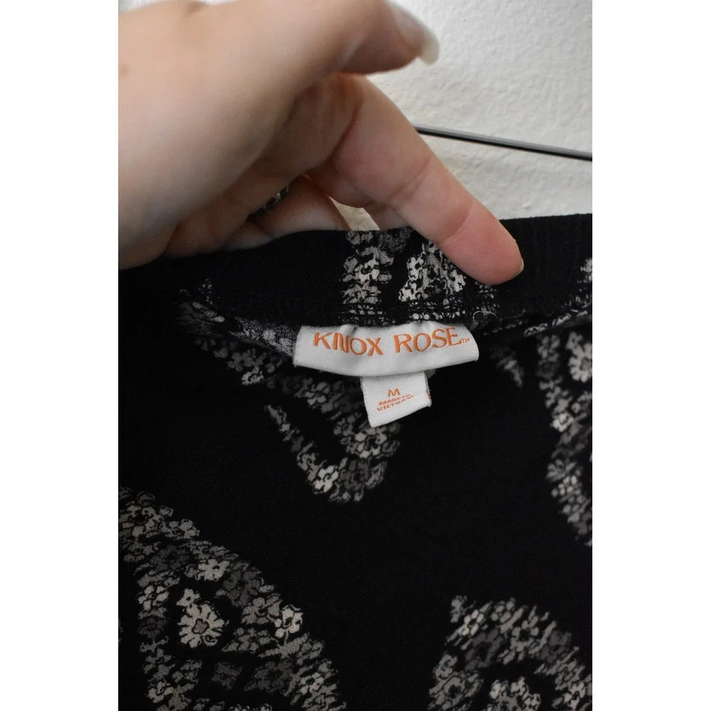 Knox Rose Black White Paisley Print Midi Skirt Elastic Waist Side Slit Medium - Picture 5 of 6